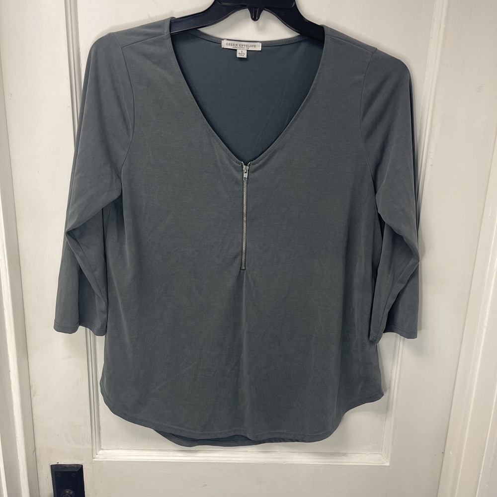 Green Envelope Los Angeles Made in USA Zip Front V-Neck Gray Sz L